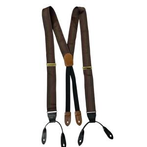 Vtg Cole Haan Suspenders Mens Multi Striped Nylon Brass Leather Button Braces